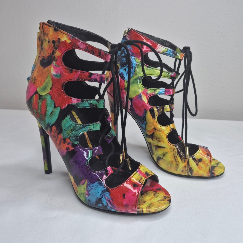 Steve Madden Cythiaa Floral Lace Up‎ Stiletto Heels Multi Color Peep Toe 6.5M